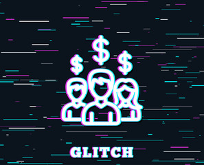 Glitch effect. Business networking line icon. Group of people with Dollar signs. Background with colored lines. Vector