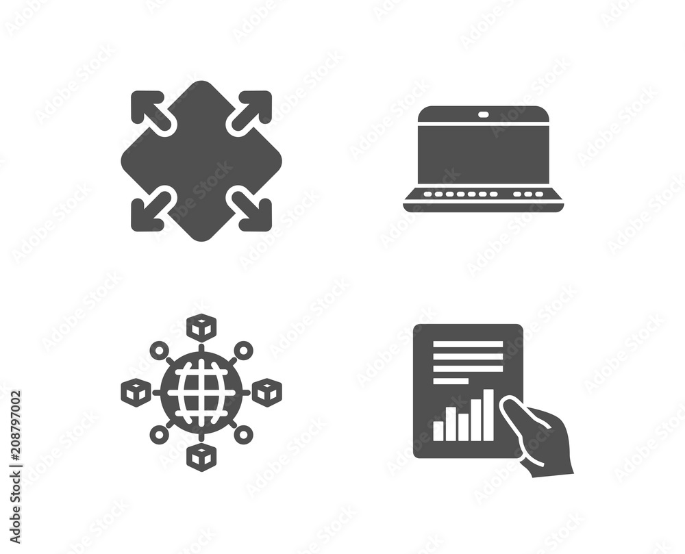 Poster set of logistics network, notebook and maximize icons. document sign. international tracking, laptop
