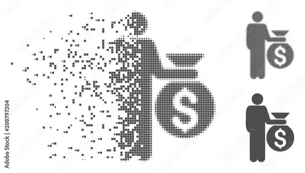 Poster gray vector investor icon in dissolved, dotted halftone and undamaged entire versions. disappearing 