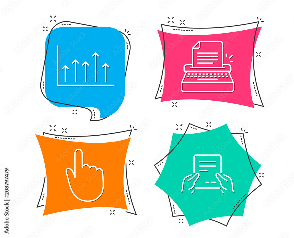Aufkleber set of hand click, growth chart and typewriter icons. receive file sign. location pointer, upper arr