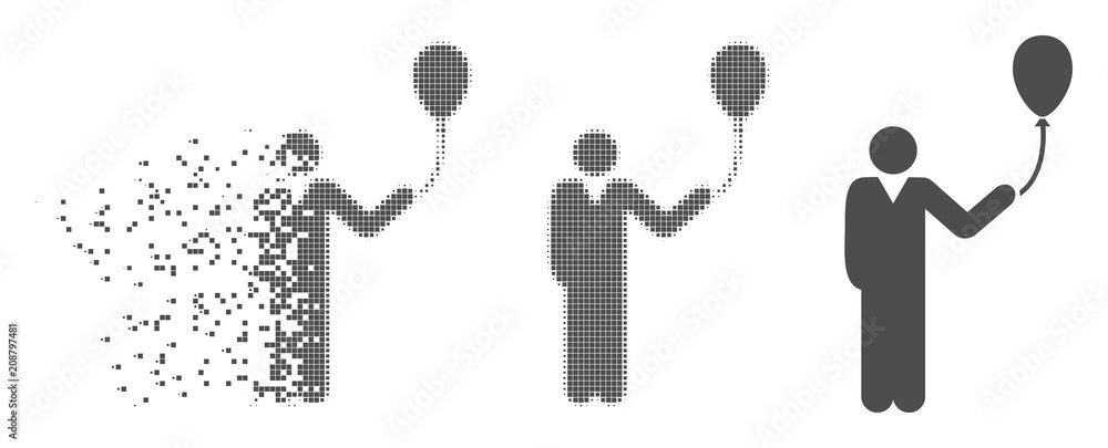 Poster grey vector man with holiday balloon icon in fractured, pixelated halftone and undamaged solid varia