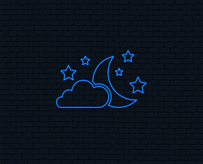 Neon light. Moon, clouds and stars icon. Sleep dreams symbol. Night or bed time sign. Glowing graphic design. Brick wall. Vector
