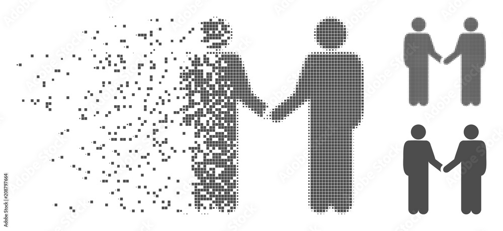 Poster gray vector persons handshake icon in dissolved, pixelated halftone and undamaged solid variants. di