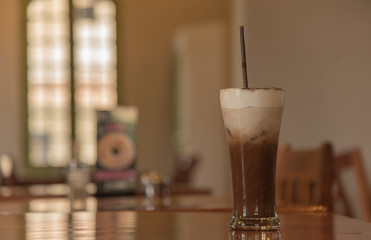 mocha coffee on table in coffee shop