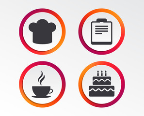 Coffee cup icon. Chef hat symbol. Birthday cake signs. Document file. Infographic design buttons. Circle templates. Vector