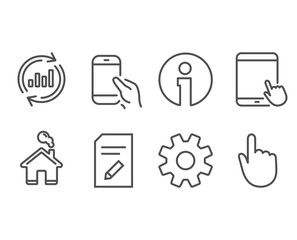 Set of Service, Update data and Edit document icons. Tablet pc, Hold smartphone and Hand click signs. Cogwheel gear, Sales chart, Page with pencil. Touchscreen gadget, Phone call, Location pointer