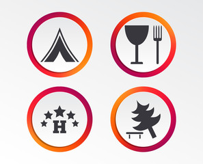 Food, hotel, camping tent and tree icons. Wineglass and fork. Break down tree. Road signs. Infographic design buttons. Circle templates. Vector