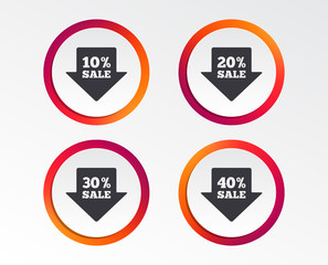 Sale arrow tag icons. Discount special offer symbols. 10%, 20%, 30% and 40% percent sale signs. Infographic design buttons. Circle templates. Vector