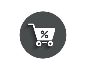 Shopping cart with Percentage simple icon. Online buying sign. Supermarket basket symbol. Circle flat button with shadow. Vector