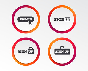 Sign in icons. Login with arrow, hand pointer symbols. Website or App navigation signs. Sign up locker. Infographic design buttons. Circle templates. Vector