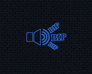 Neon light. Speaker volume icon. Sound with BIP symbol. Loud signal. Glowing graphic design. Brick wall. Vector