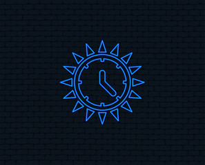 Neon light. Summer time icon. Sunny day sign. Daylight saving time symbol. Glowing graphic design. Brick wall. Vector