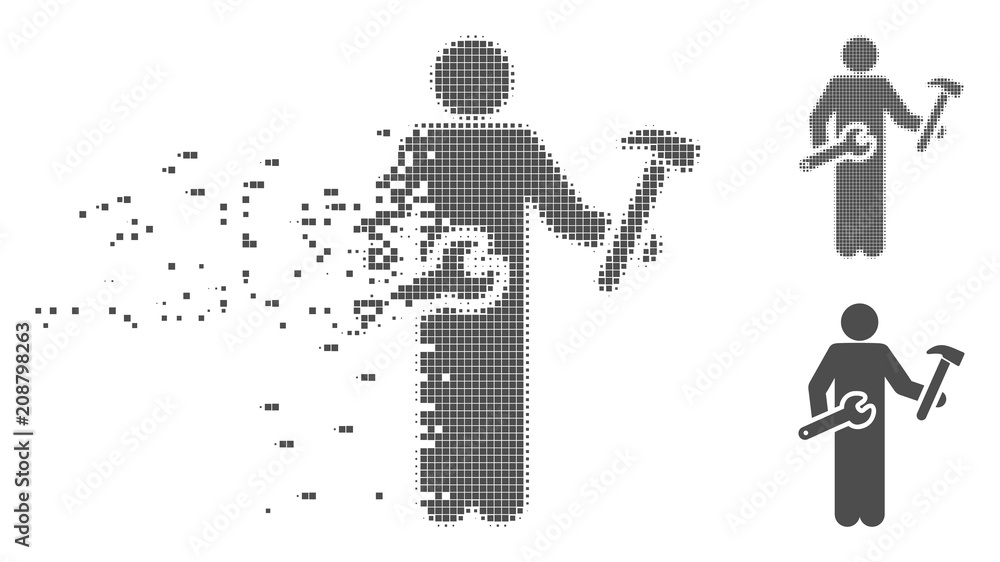 Poster grey vector serviceman icon in dissolved, dotted halftone and undamaged whole variants. disappearing