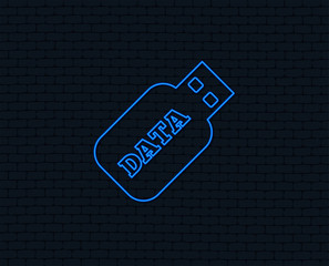 Neon light. Usb Stick sign icon. Usb flash drive button. Glowing graphic design. Brick wall. Vector