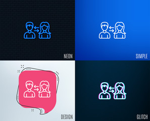Glitch, Neon effect. Teamwork line icon. Users communication. Male and Female profiles sign. Person silhouette symbol. Trendy flat geometric designs. Vector