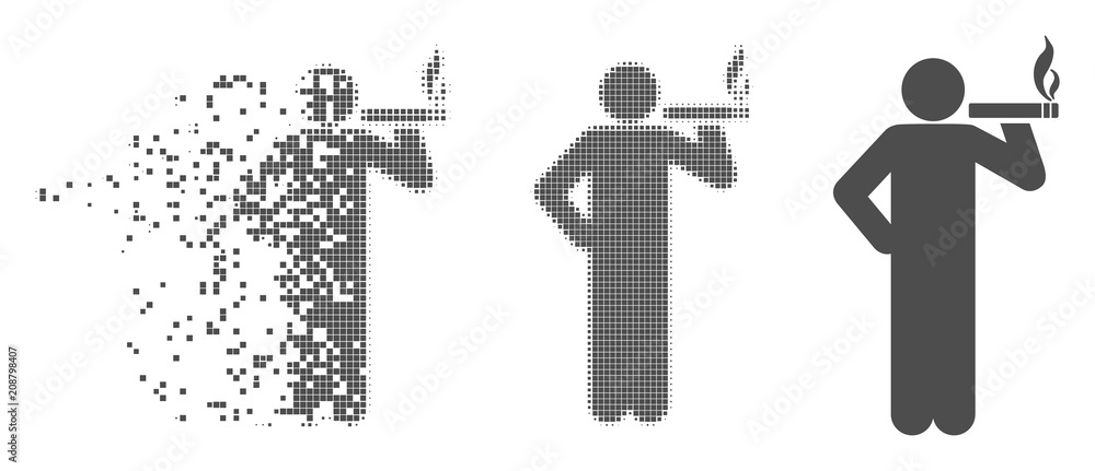 Poster gray vector smoking man icon in dissolved, dotted halftone and undamaged whole variants. disappearin
