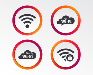 Free Wifi Wireless Network cloud speech bubble icons. Wi-fi zone locked symbols. Password protected Wi-fi sign. Infographic design buttons. Circle templates. Vector