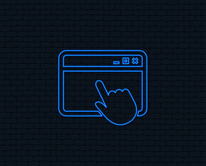 Neon light. Click page icon. Browser window symbol. Website or internet sign. Glowing graphic design. Brick wall. Vector