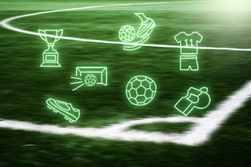 World Cup football arena. Trophy, goal, soccer ball, fotball shirt on a blurred futball field background