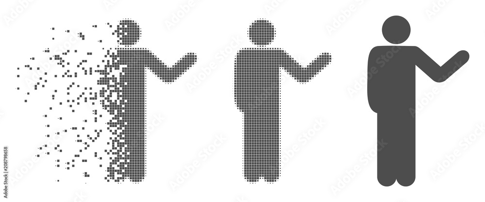 Poster grey vector talking man icon in fractured, pixelated halftone and undamaged whole variants. disinteg