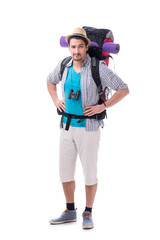 Backpacker with large backpack isolated on white