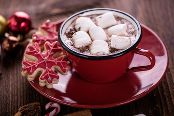 Fototapeta na wymiar hot chocolate with marshmallow merry christmas background