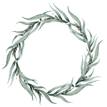 recommend clip art: Watercolor floral wreath with eucalyptus leaves. Hand painted floral wreath with branches, leaves of eucalyptus isolated on white background. Floral illustration for design, print or background.