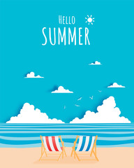 Deck chair on the beach with ocean background for summer