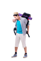 Backpacker with large backpack isolated on white
