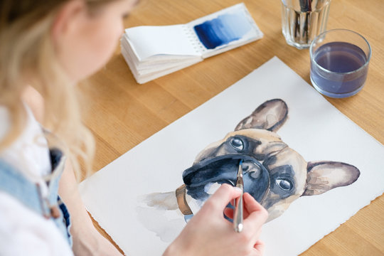 art painting. inspiration and creativity concept. picture of a dog. drawing of a french bulldog. artist creations.