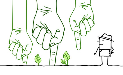 Big Green Hands with Cartoon Character - Planting
