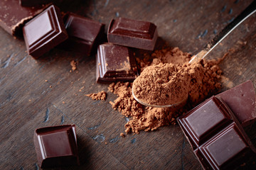 Broken  chocolate pieces and cocoa powder .