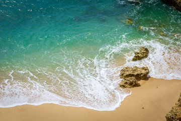 View of beautiful Marinha beach with crystal clear turquoise water near Carvoeiro town, Algarve region, Portugal