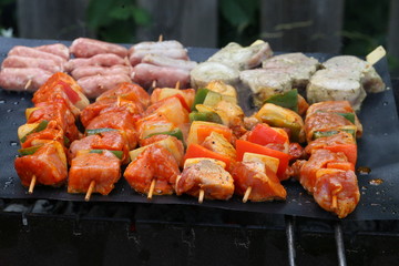 Meat with vegetables grilled on a grill