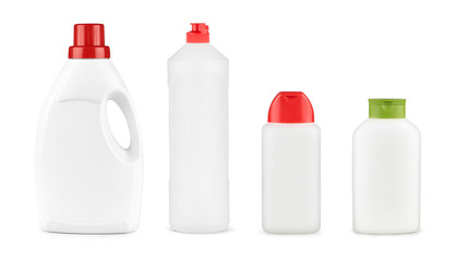 Set of white plastic bottles for shampoo or liquid laundry detergent, cleaning agent, bleach or fabric softener. Package mockup isolated with clipping path.