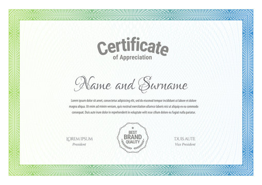 Certificate. Template diploma currency border. Award background Gift voucher.