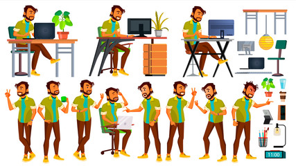 Office Worker Vector. Indian Emotions, Various Gestures. Business Human. Smiling Manager, Servant, Workman, Officer. Poses. Flat Character Illustration