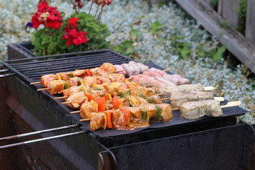 Meat with vegetables grilled on a grill
