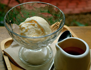 Affogato served at outdoor seating, selective focus and blurred background