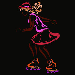 Girl with curly hair in a cap, on roller skates, speed and sport