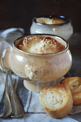French onions soup with baguette, two vintage tureens