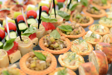 catering service table with different light snacks and appetizers