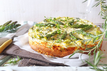 Vegetable cheesecake with zucchini and green asparagus
