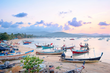 Fototapeta na wymiar Travel by Thailand. Landscape with traditional longtail fishing boat on the sea beach.