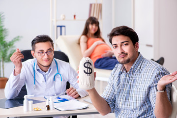 Pregnant woman with her husband visiting the doctor in clinic