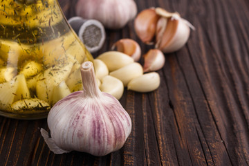 fragrant garlic on a wooden rustic background