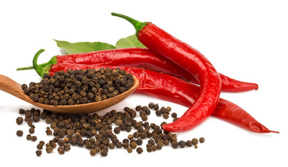 black and red pepper isolated on white background