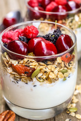 Granola with yogurt and berries in a glass. Delicious healthy American food for breakfast. Traditional US snack. Selective focus