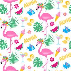 Vector tropical seamless pattern with pink flamingo, tropic leav