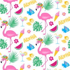 Vector tropical seamless pattern with pink flamingo, tropic leav